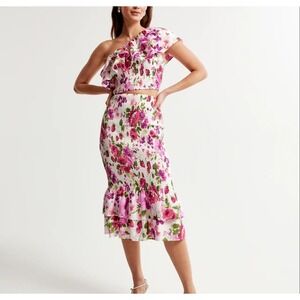 Abercrombie & Fitch Floral Fruit One Shoulder Smocked Top Midi Skirt Set XL NWT